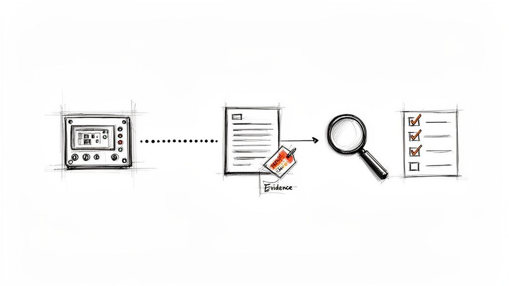A sketch diagram showing a digital device, leading to a document labeled 'Evidence', then a magnifying glass and a checklist with items checked.