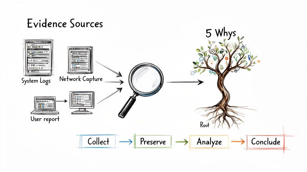 Diagram showing evidence sources like logs and reports, investigation steps with a magnifying glass, 5 Whys root cause analysis, and a forensic process.