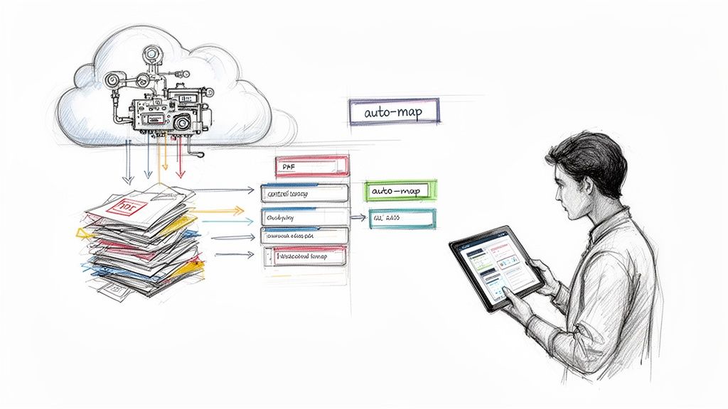 A detailed sketch illustrates cloud computing processing documents into categorized data, displayed on a tablet for analysis.