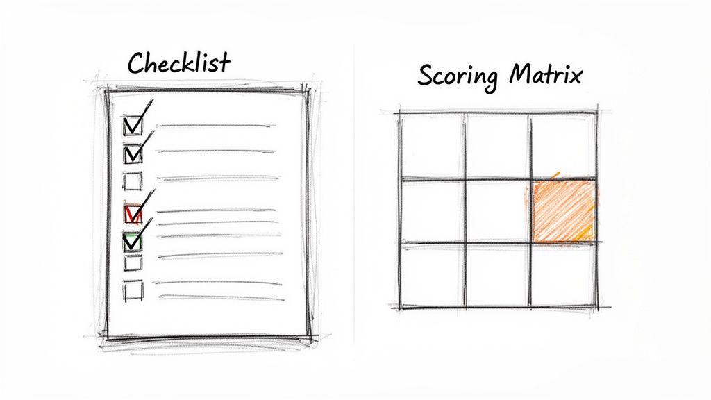 Hand-drawn checklist with marked items and a grid-based scoring matrix with an orange cell.