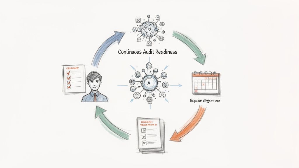 Diagram illustrating continuous audit readiness powered by AI, showing a cyclical process of certification, assessment, and repair.