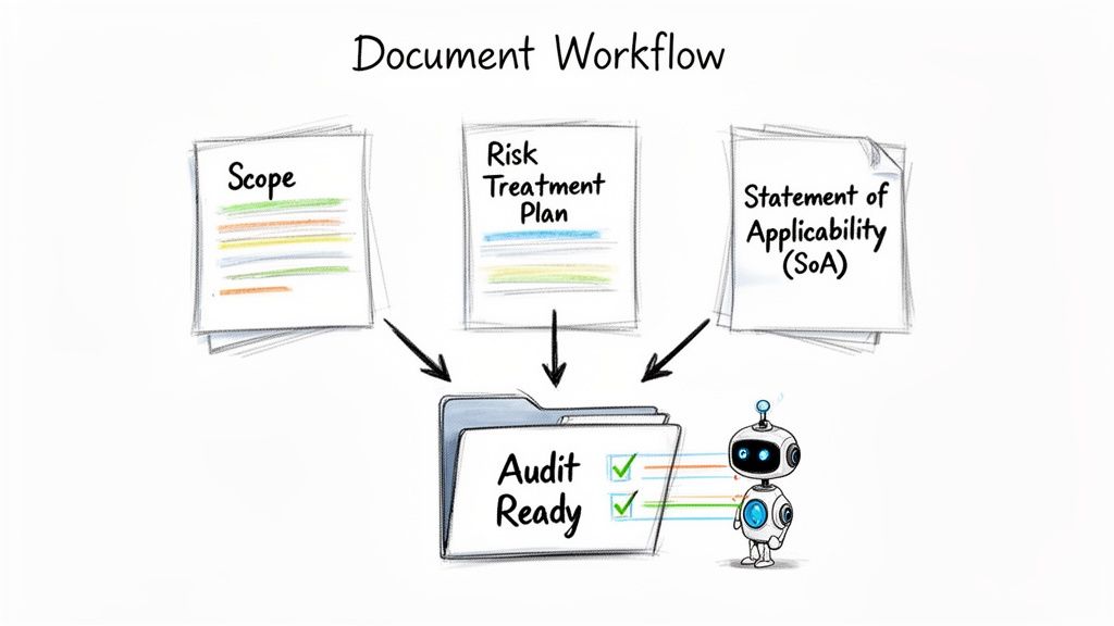 A document workflow showing Scope, Risk Treatment Plan, and SoA feeding into an Audit Ready folder, verified by a robot.
