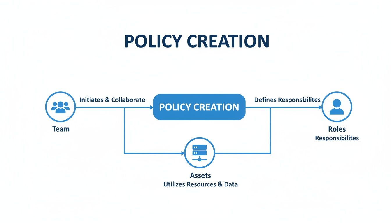 Diagram illustrating policy creation: Team initiates and collaborates, utilizes assets, and defines roles and responsibilities.