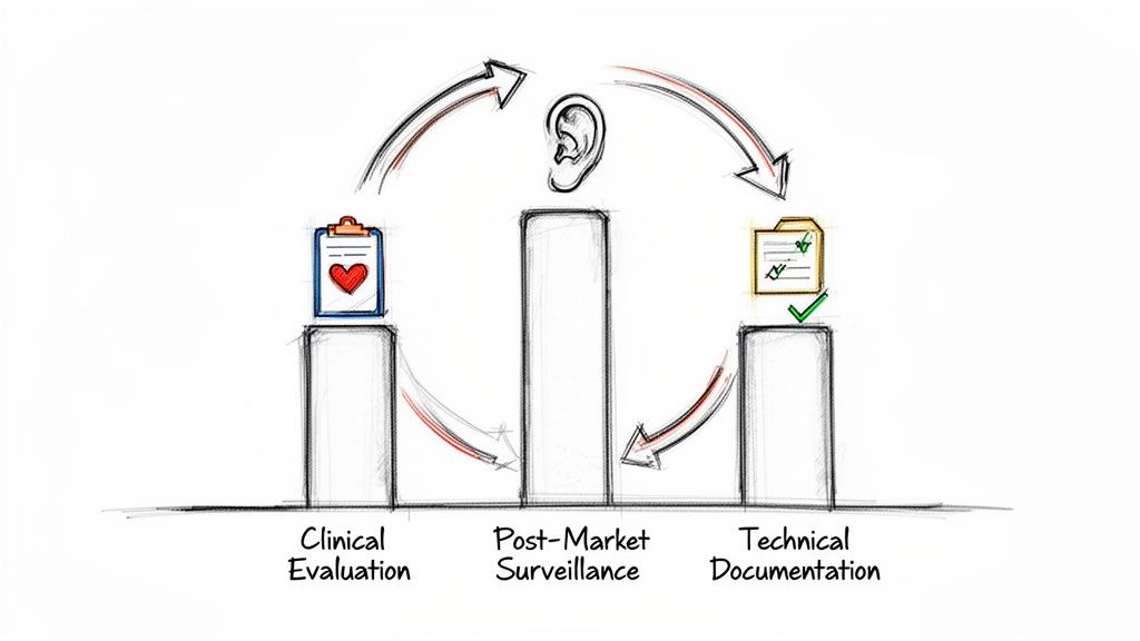Diagram showing the cyclical process of medical device regulatory compliance: clinical evaluation, post-market surveillance, and technical documentation.