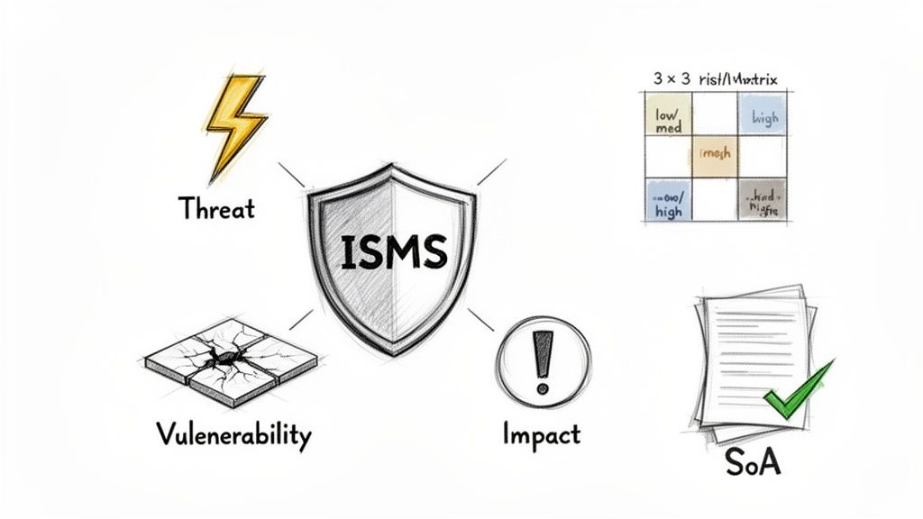 Diagram showing ISMS shield surrounded by Threat, Vulnerability, Impact, a Risk Matrix, and SoA documents.