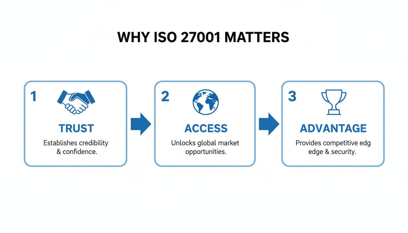 Infographic showing why ISO 27001 matters: Trust, Access, and Advantage with icons and descriptions.