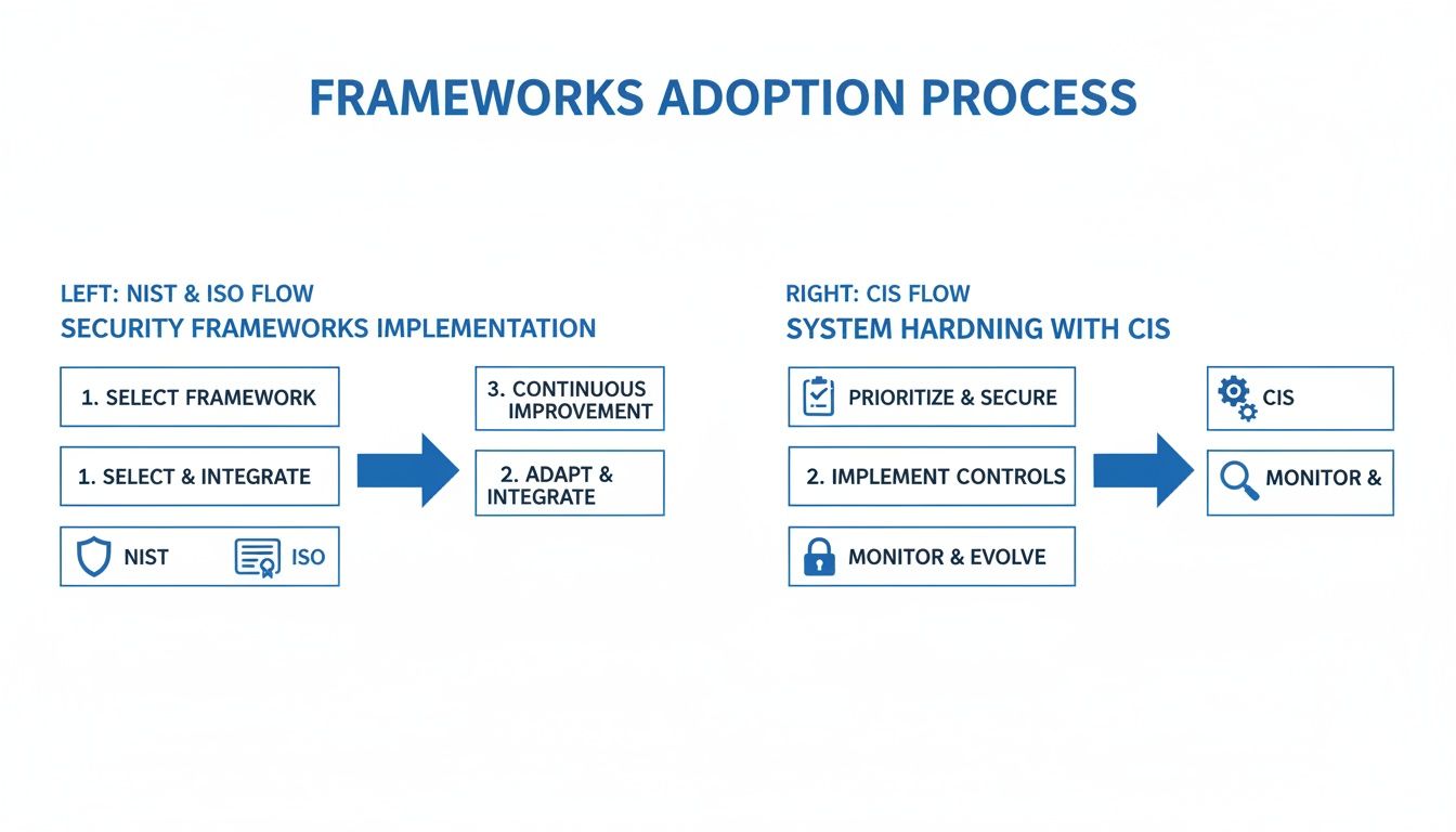 Flowchart illustrating the cybersecurity frameworks adoption process with NIST, ISO, and CIS implementation steps.