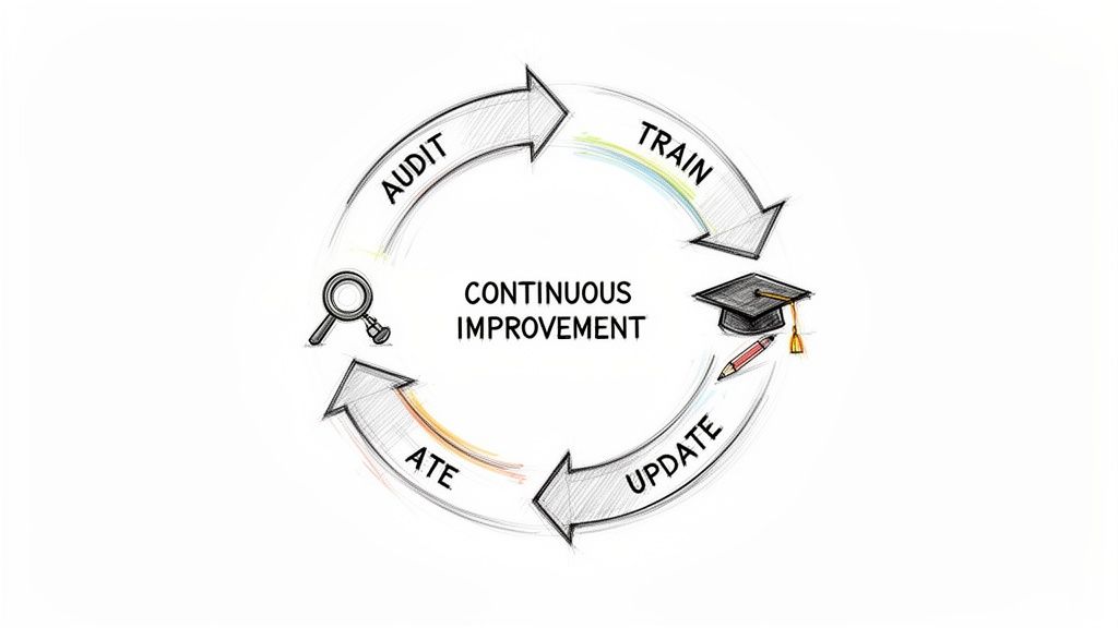 A continuous improvement cycle diagram illustrating audit, train, update, and ate phases with icons.