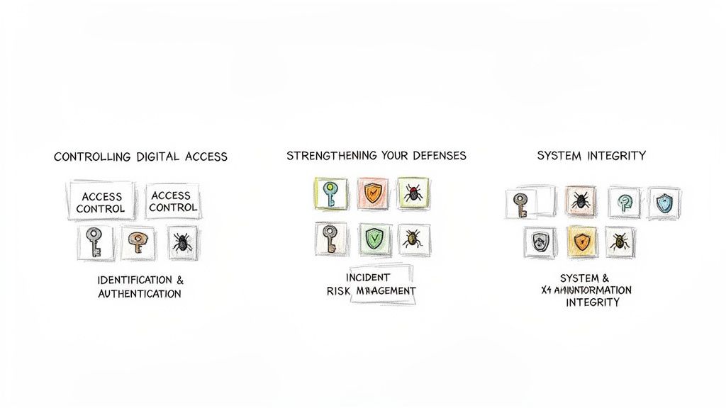 Diagram illustrating key cybersecurity principles: access control, defense strengthening, and system integrity with icons.