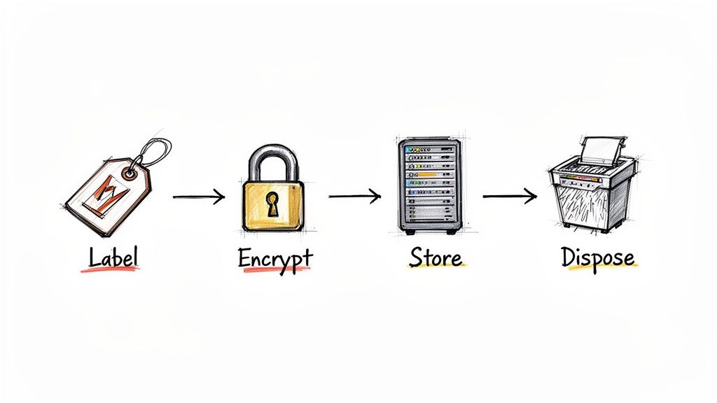 A visual diagram showing the four steps of data management: label, encrypt, store, and dispose, with corresponding icons.