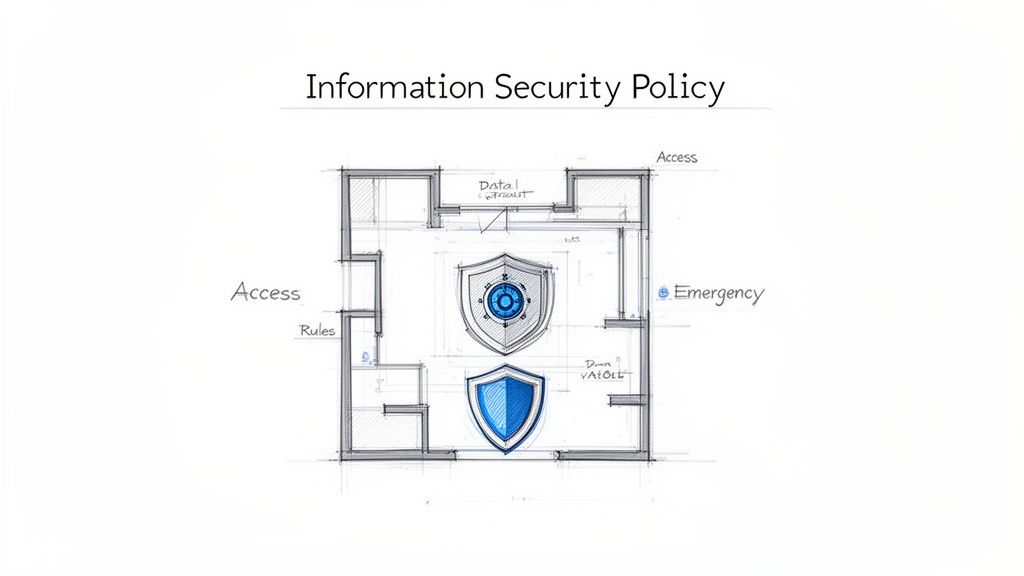 A blueprint diagram illustrating an information security policy with security shields, access points, and data transfer areas.