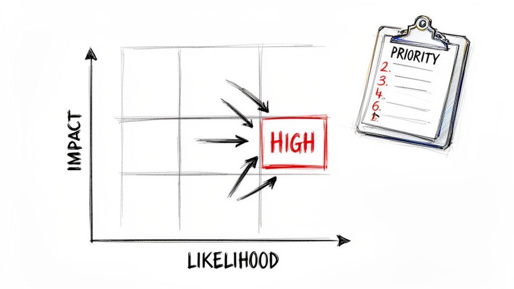 A hand-drawn risk matrix showing impact vs. likelihood, highlighting 'HIGH' risks and a priority list.