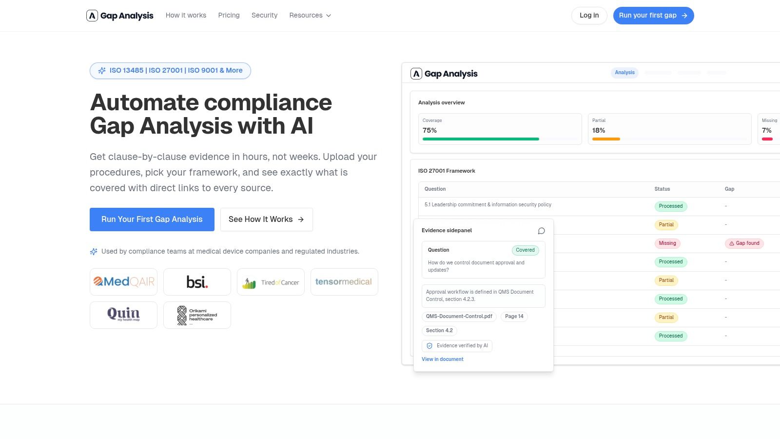 A screenshot of the AI Gap Analysis platform, showing a clause-by-clause breakdown of compliance evidence against a specific framework, with clear links to source documents.