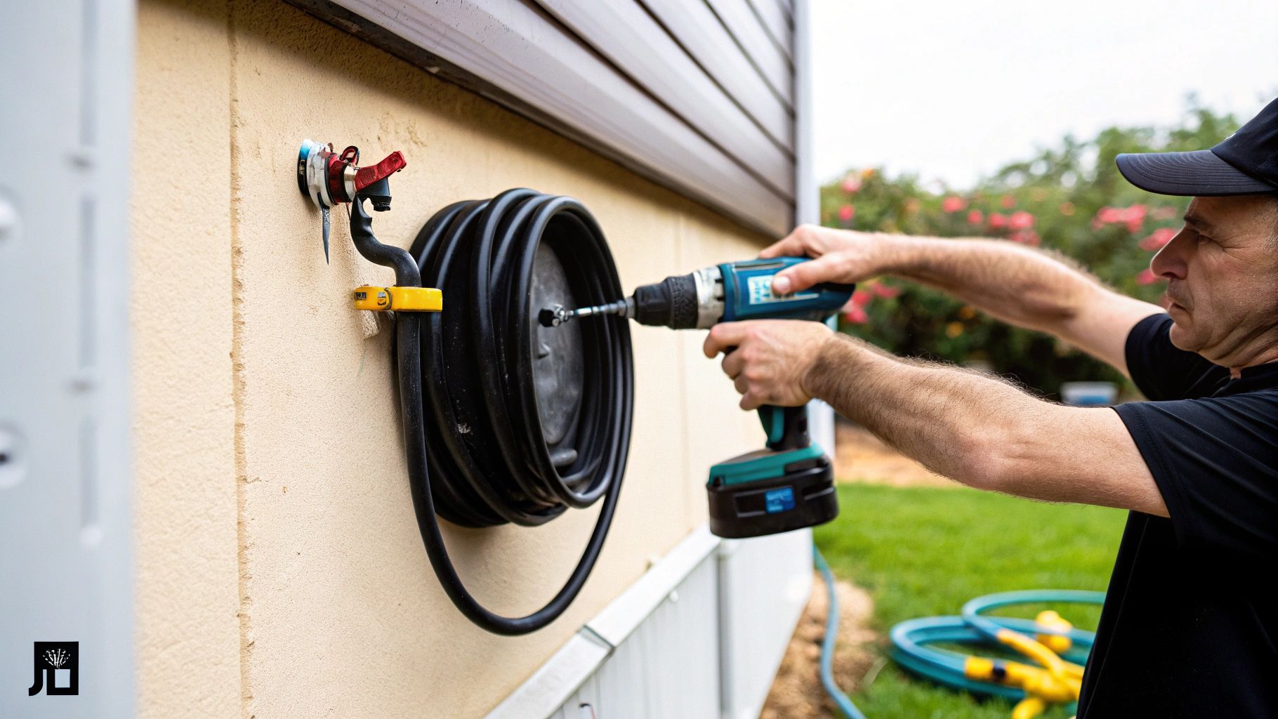 אדם קודח בקיר להתקנת גלגלת צינור השקיה שחורה ליד ברז גינה, עם ציוד אחר ברקע.