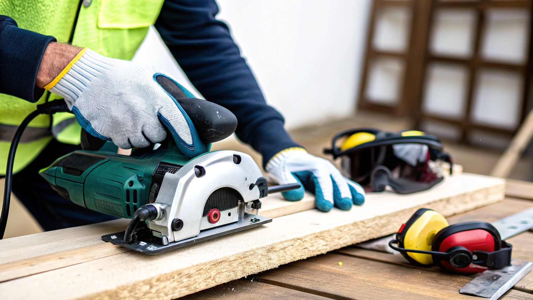 אדם חותך קרש עץ עם מסור עגול, לובש כפפות ואפוד בטיחות צהוב.