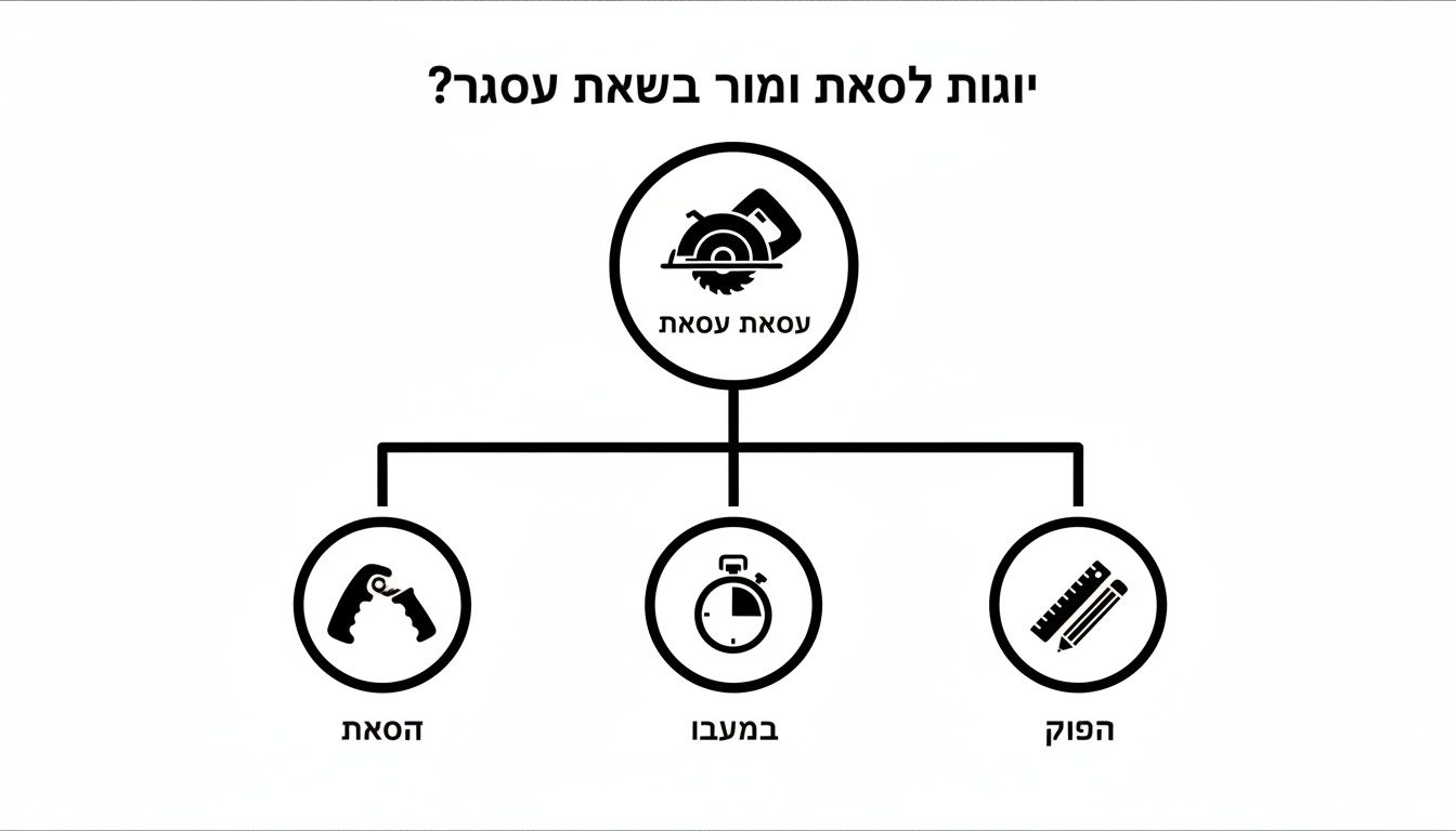 תרשים עם מסור עגול במרכז וממנו יוצאות שלוש אפשרויות: כלי אחיזה, שעון עצר וסט כלי מדידה.