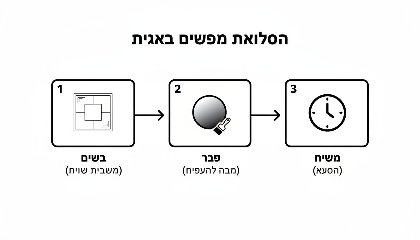 דיאגרמה תהליכית בשלושה שלבים: ראשון - סריג או רשת, שני - כדור עם מברשת, שלישי - שעון זמן.
