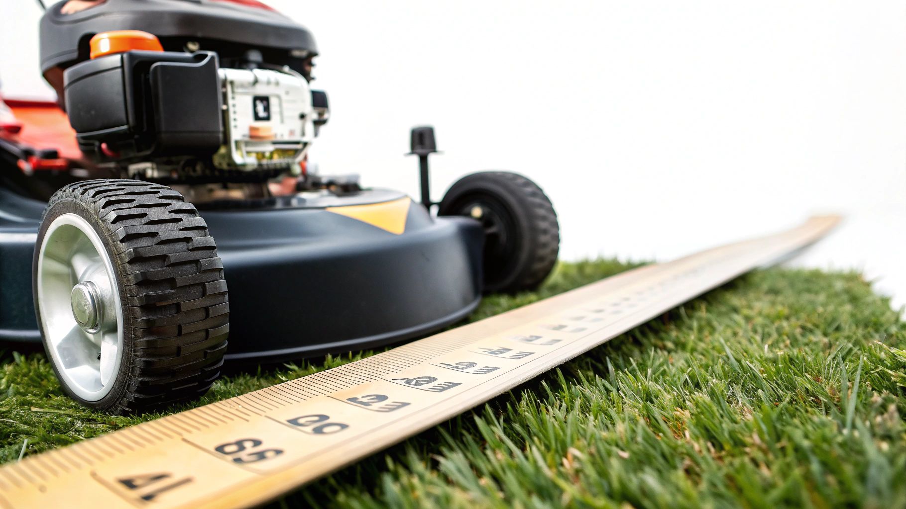 מכסחת דשא על דשא מלאכותי עם סרט מדידה, מראה את גובה הכיסוח המדויק.