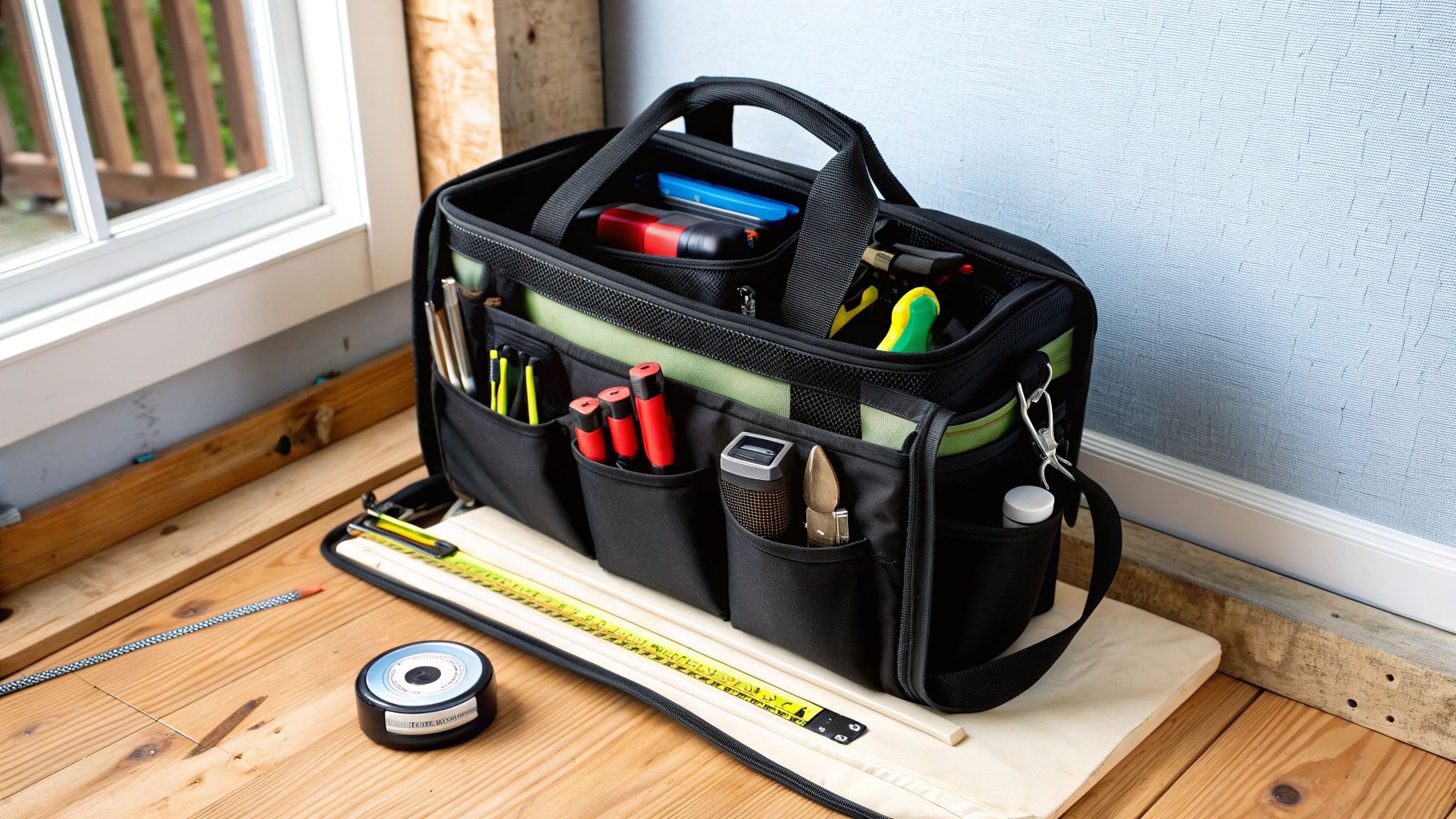 תיק כלי עבודה שחור וירוק מלא בכלים שונים על רצפת עץ ליד חלון מואר.