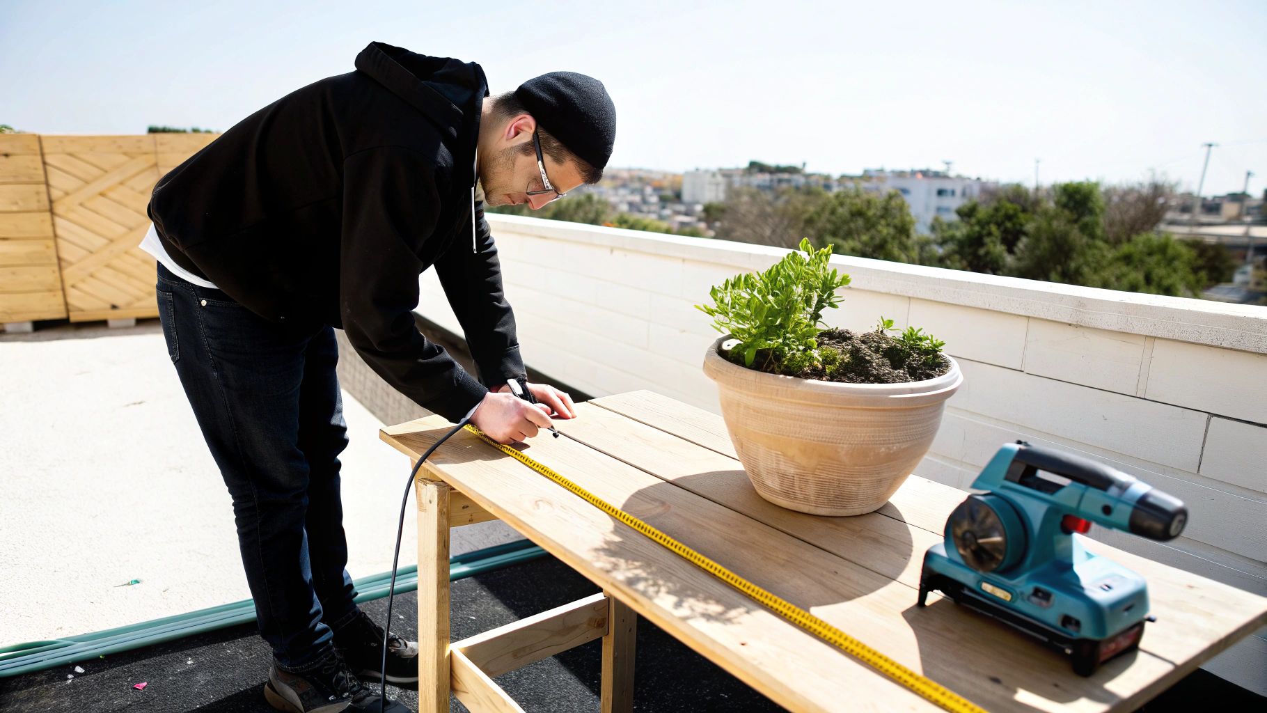 גבר מודד ומסמן שולחן עץ על גג בניין עם סרגל, ליד צמח בעציץ וכלי עבודה.