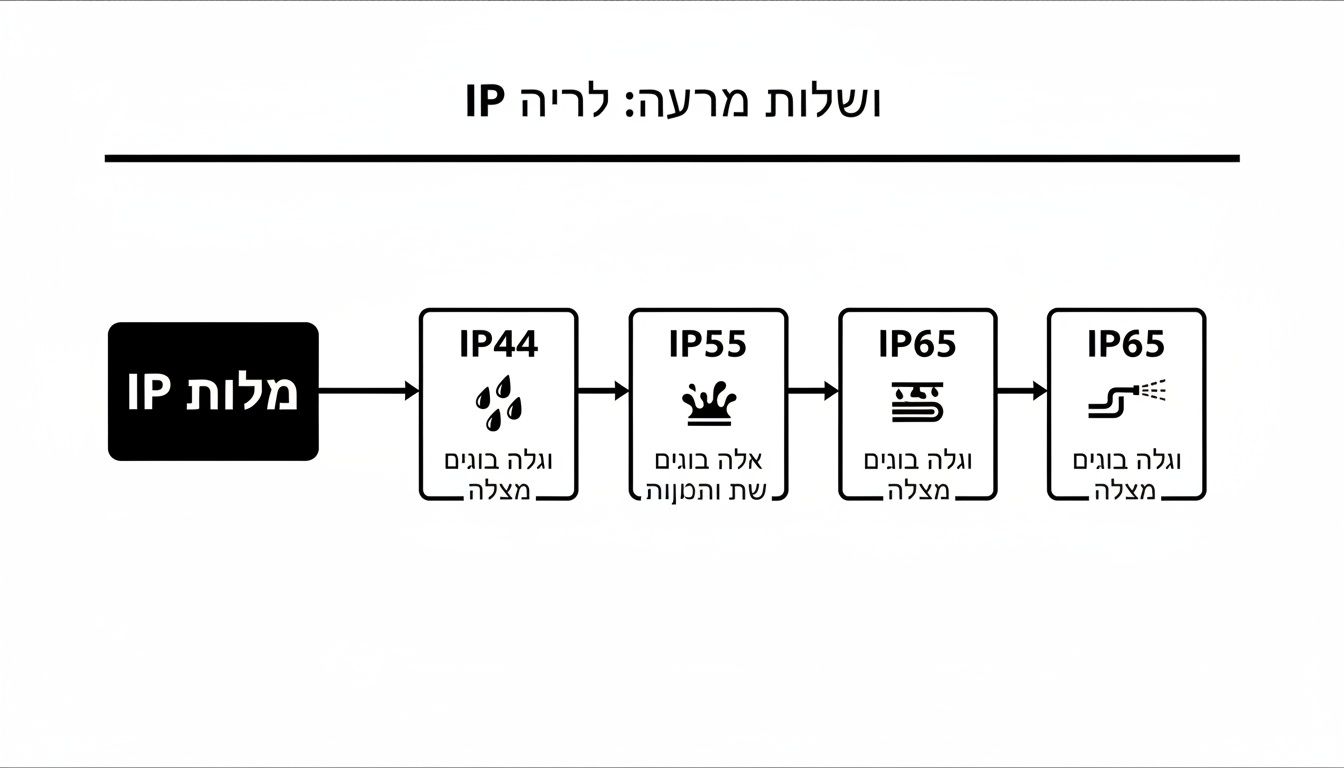 תרשים זרימה המפרט רמות הגנה IP (נגד מים ואבק) מ-IP44 ועד IP65, עם איורים מתאימים.