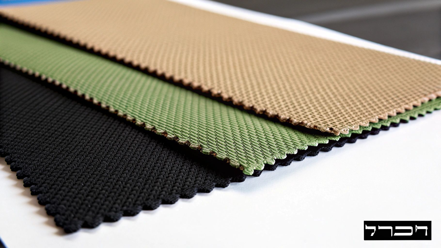 שלושה דוגמאות בד עמידות בצבעים שחור, ירוק זית ובז', בעלות מרקם ארוג וקצוות משוננים, מונחות על משטח לבן.