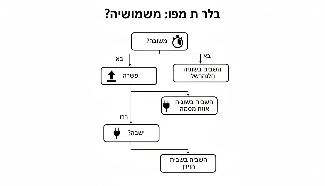 תרשים זרימה בעברית המתאר תהליך קבלת החלטות הכולל סמלי תקע ושעון עצר, כנראה לתהליך טכני.