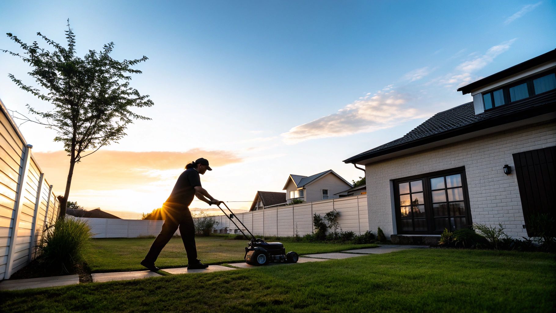 אדם מכסח דשא עם מכסחת נטענת בחצר בית מודרני במהלך שקיעה יפהפייה.