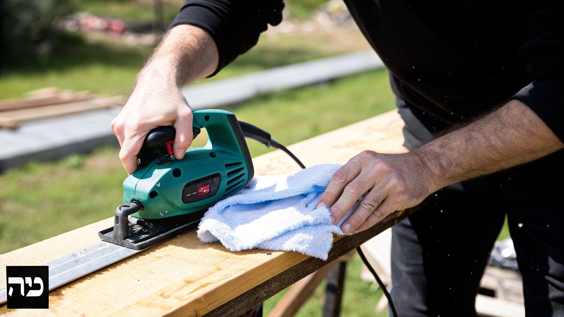 אדם מלטש קרש עץ באמצעות מלטשת חשמלית ירוקה, בגינה מוארת באור שמש טבעי.