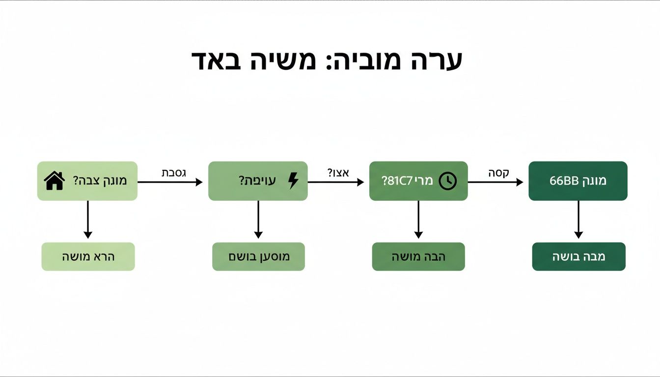 תרשים זרימה המציג תהליך עם שאלות, תשובות ושלבי פעולה שונים, בצבע ירוק על רקע לבן.