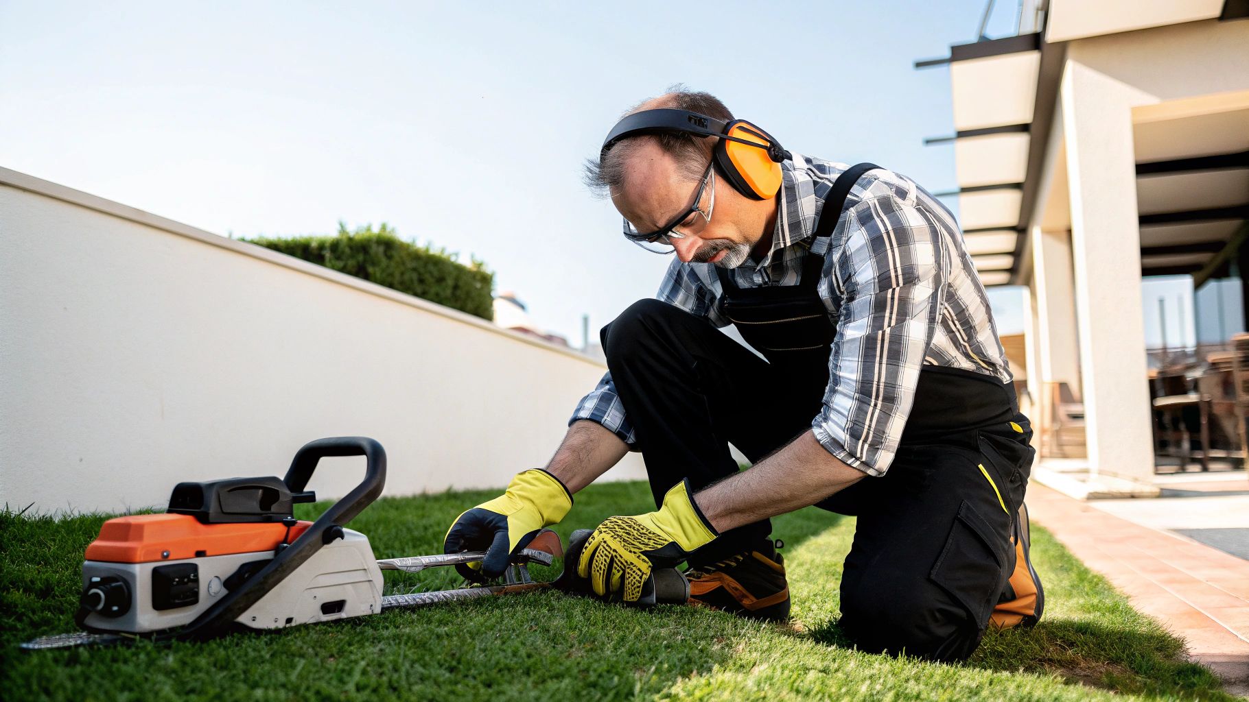 גנן בגינה מתכונן לעבודה עם מסור חשמלי, חובש מגן אוזניים ומשקפי מגן.