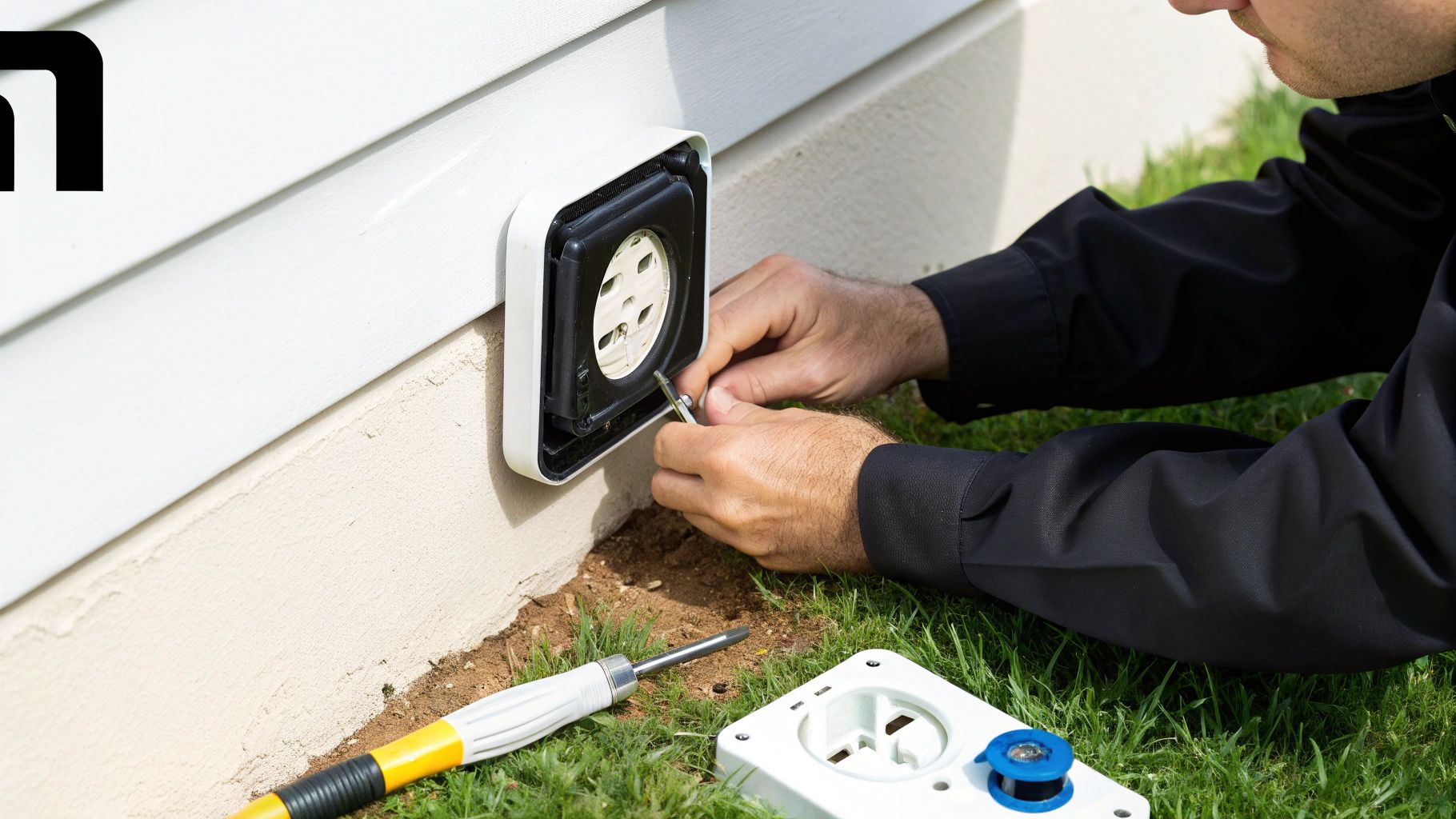 חשמלאי מתקין שקע חשמל חיצוני עמיד למים על קיר בית, עם כלים על הדשא.