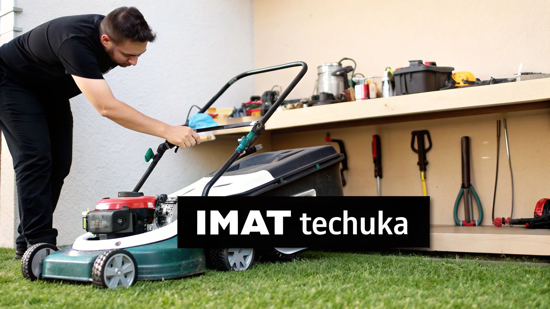 גבר מפעיל מכסחת דשא על דשא ירוק בגינה, כאשר מדפים עם כלי עבודה נראים ברקע.