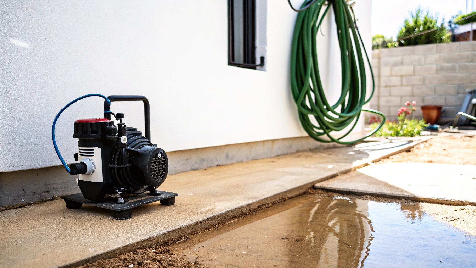 משאבת מים שחורה קטנה עם צינור כחול מונחת על שביל בטון ליד שלולית מים.
