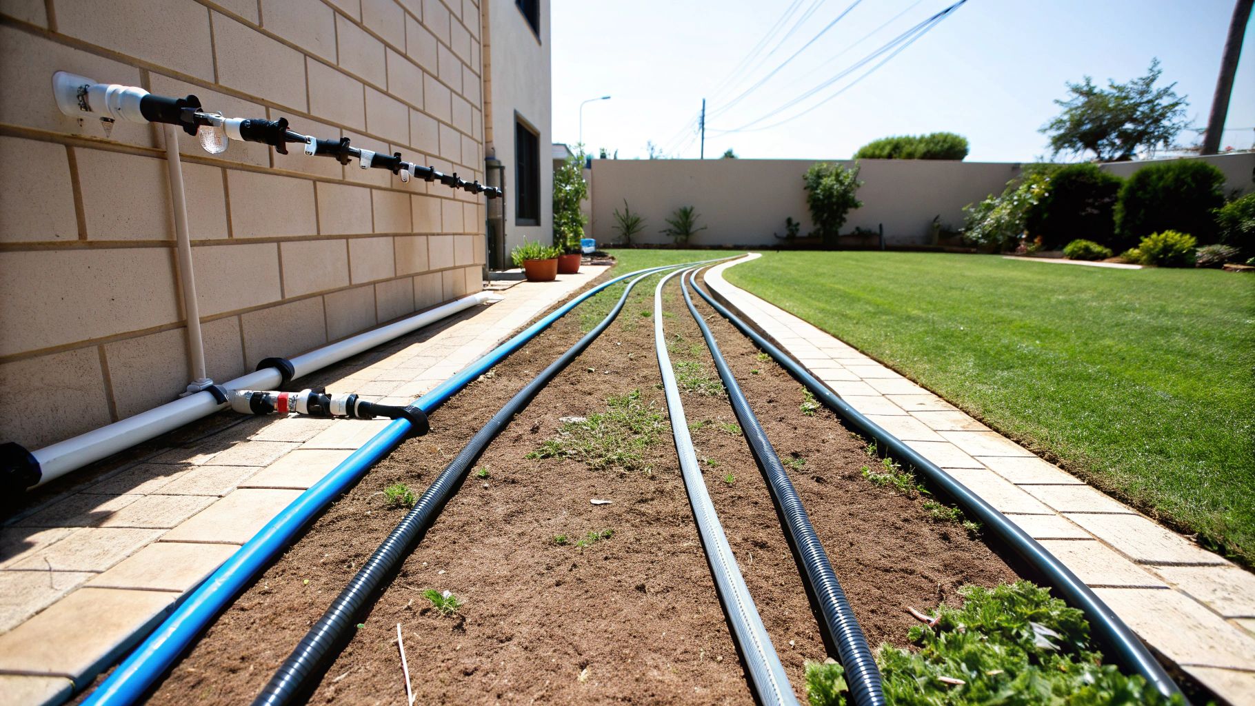 מערכת השקיה מותקנת בגינה עם צינורות כחולים ושחורים לאורך שביל וקיר בית, מיועדת להשקיה יעילה של הדשא והצמחים.