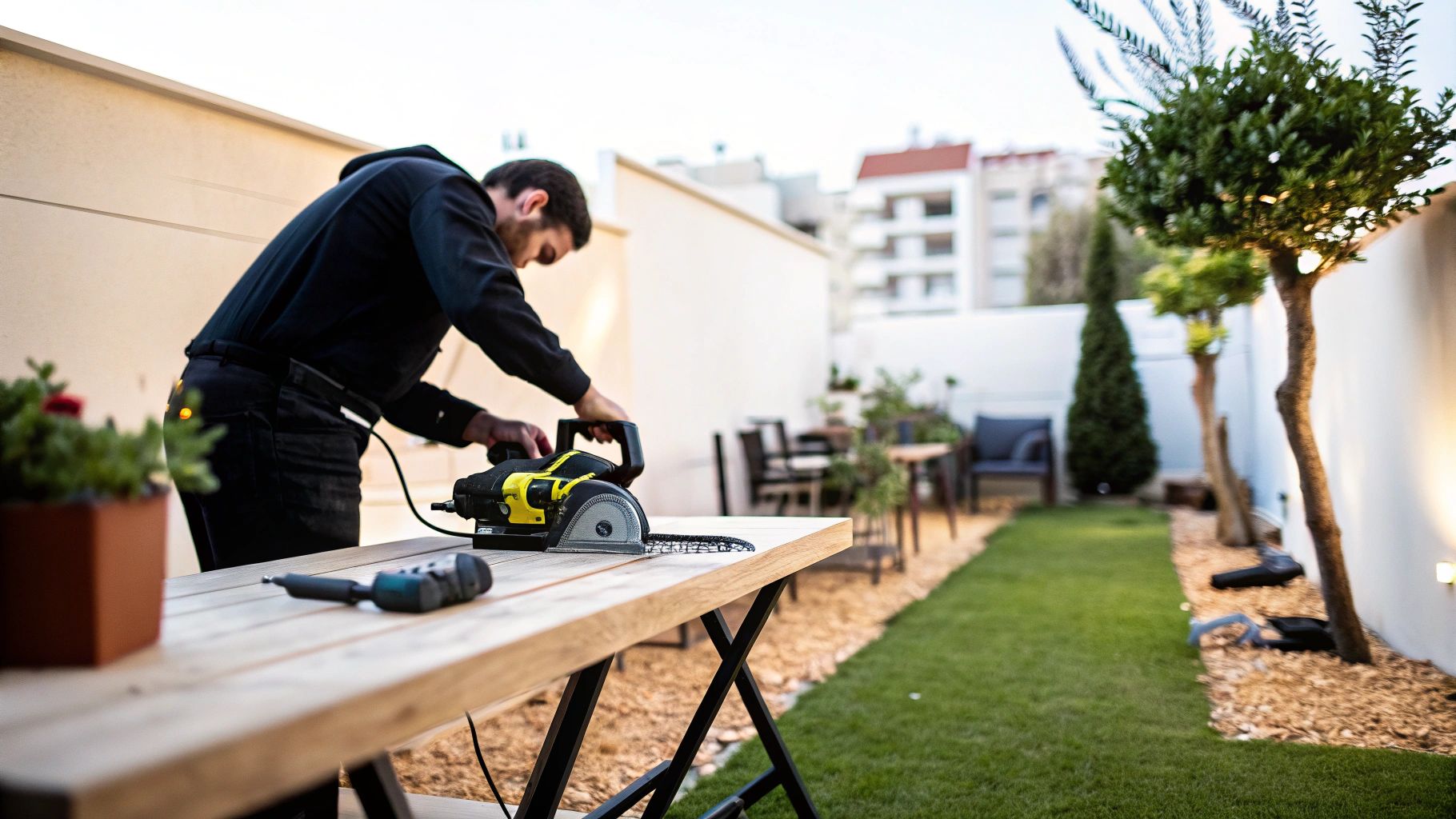 גבר עובד עם מסור חשמלי על שולחן עץ בגינה מטופחת, מכין חומרים לפרויקט עשה זאת בעצמך.