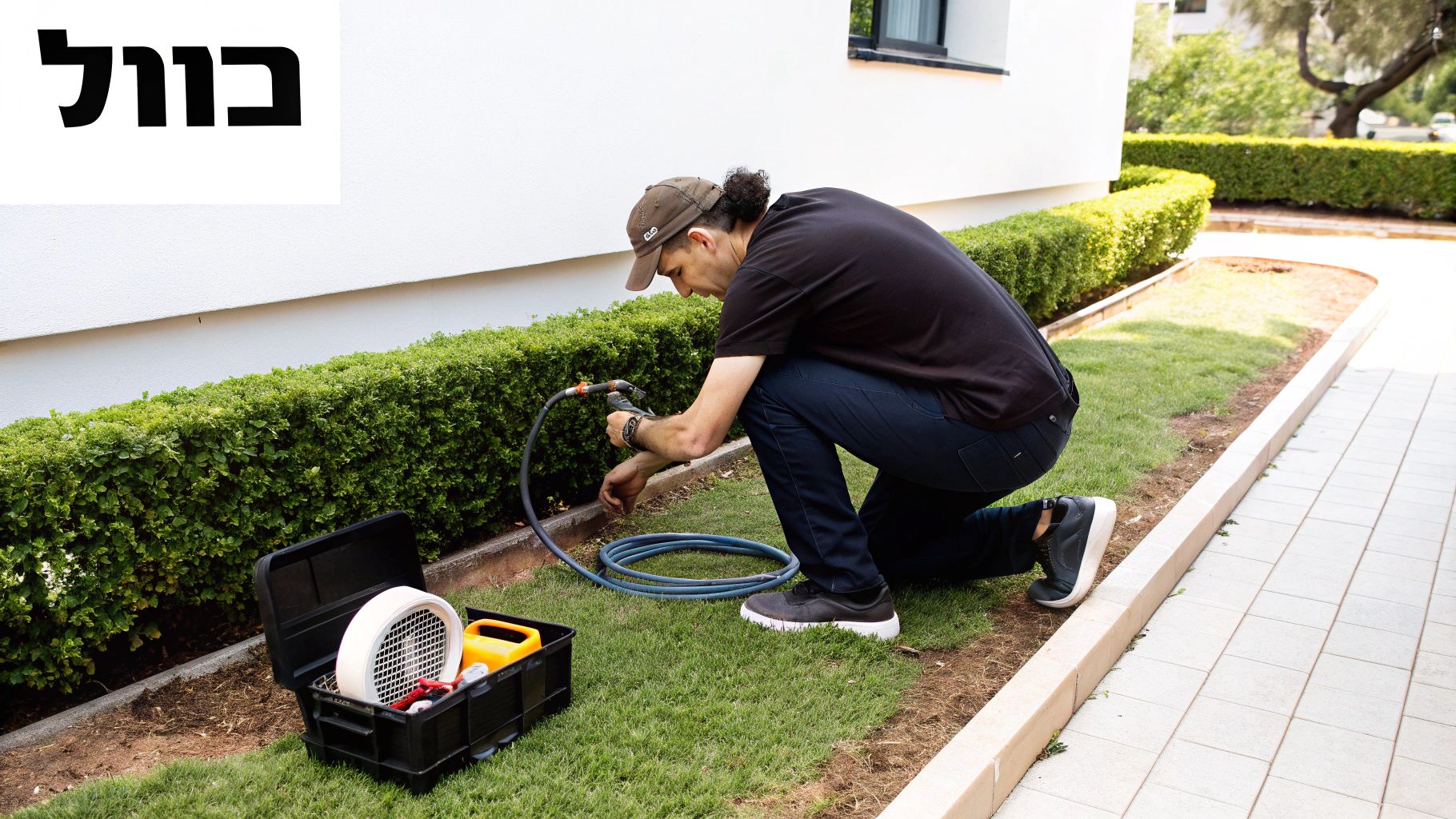 גבר כורע על דשא, מחבר צינור השקיה למערכת ליד גדר חיה, כשארגז כלים פתוח מונח לידו.