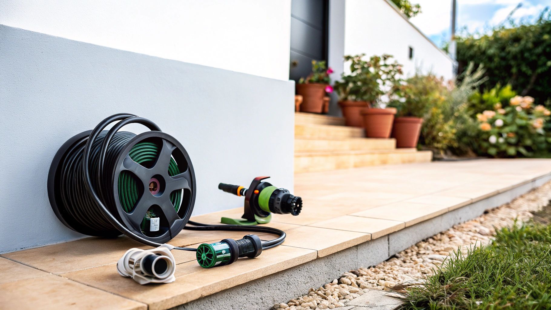 גלגלת צינור גינה שחורה עם צינור ירוק ואביזרי השקיה על פטיו ליד קיר לבן וגינה ירוקה.