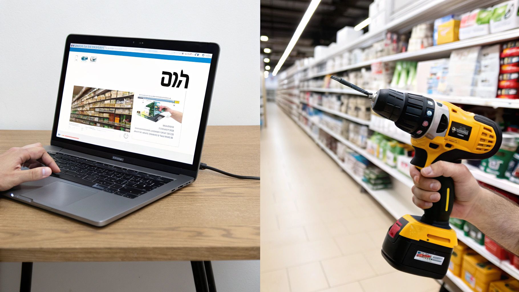 אדם גולש באתר במחשב נייד על שולחן עץ, ויד אוחזת במקדחה צהובה בחנות עמוסה במוצרים.