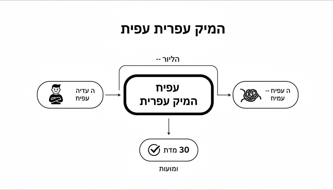תרשים זרימה המתאר תהליך או בעיות הקשורות לצינור גינה באורך 30 מטר, כולל איש כועס ומועות.