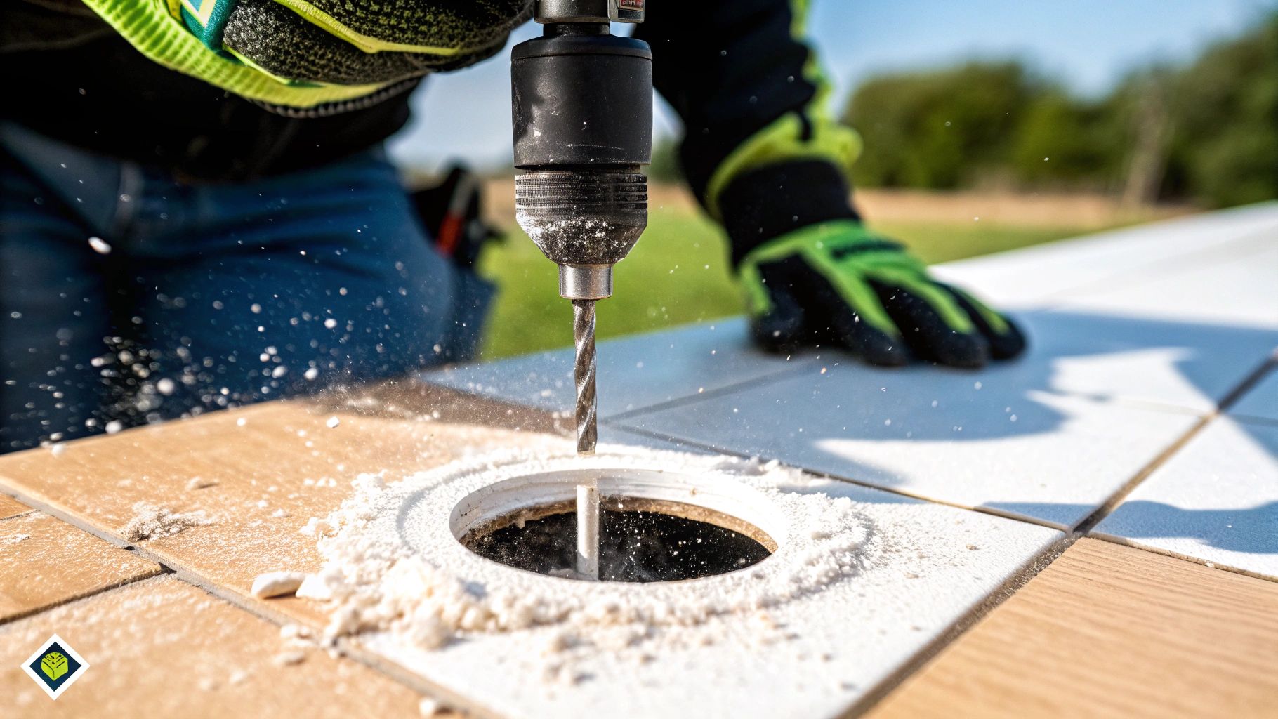 אדם עם כפפות קודח חור עגול באריחי קרמיקה, יוצר אבק לבן. מקדח כוס יהלום בפעולה.