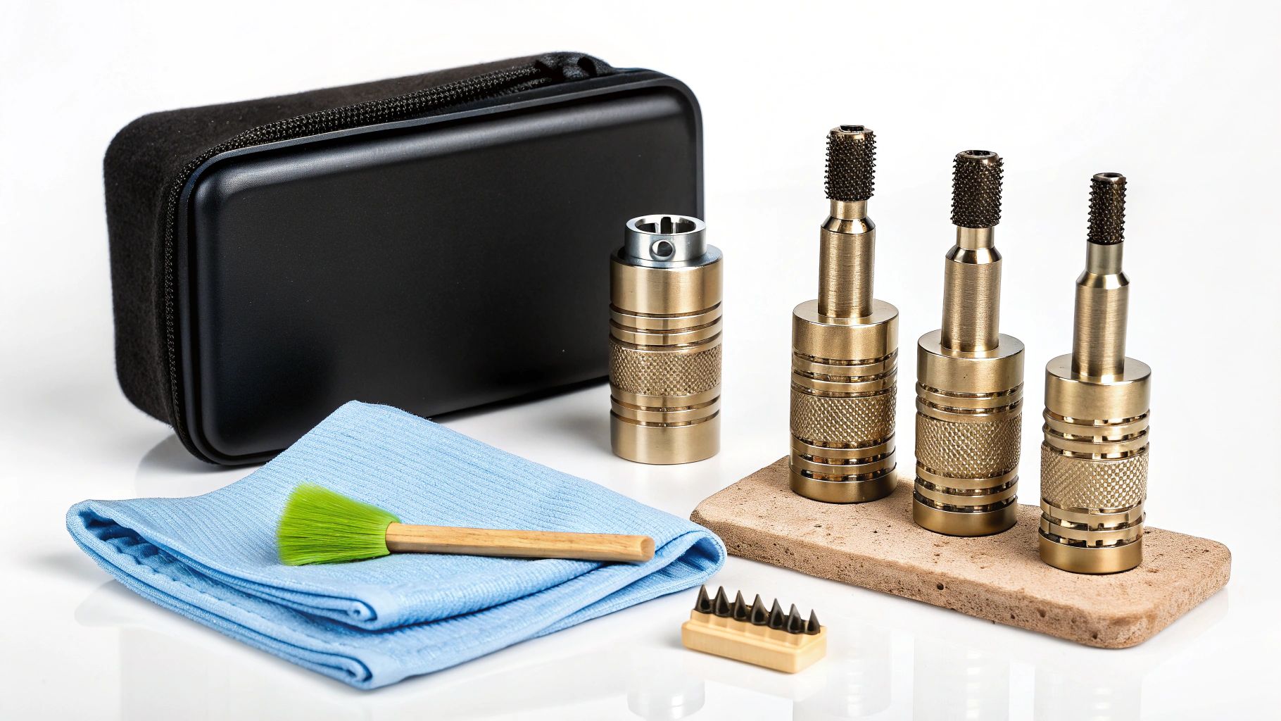 סט מקדחי כוס יהלום מזהב, מארז שחור, מטלית ניקוי, מברשת וכלי עזר נוספים, על רקע לבן.