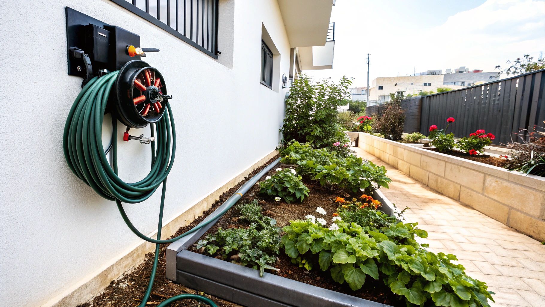 צינור גינה ירוק מפותל על גלגלת שחורה מודרנית, מותקנת על קיר לבן ליד גינת נוי פורחת.