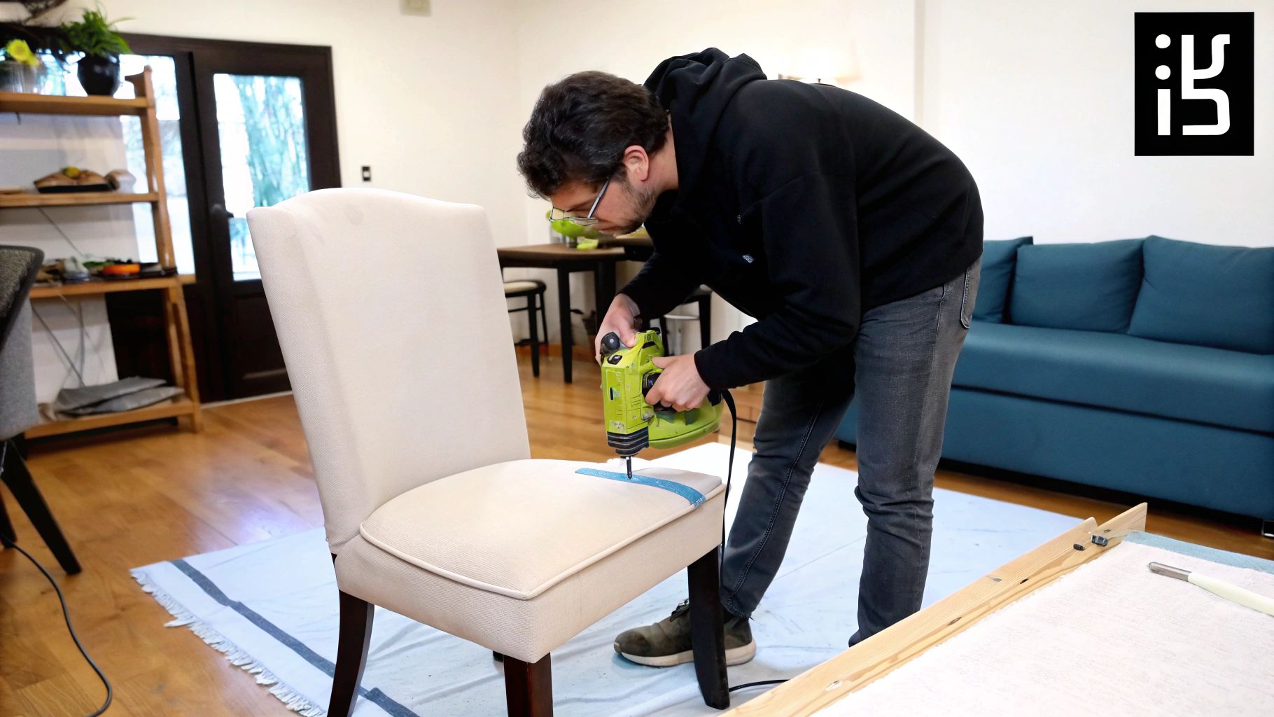 גבר מרכיב משקפיים משתמש באקדח סיכות חשמלי ירוק כדי לרפד מחדש כיסא אוכל בביתו.