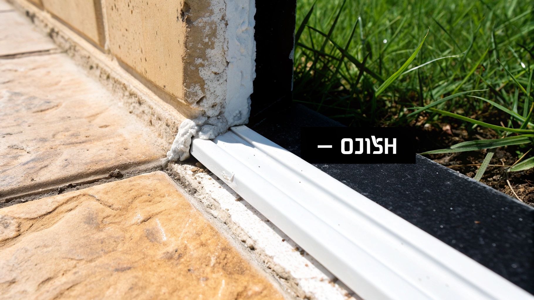 תקריב של איטום סיליקון לבן בין קיר לבנים, ריצוף אבן וסף דלת, עם דשא ברקע.
