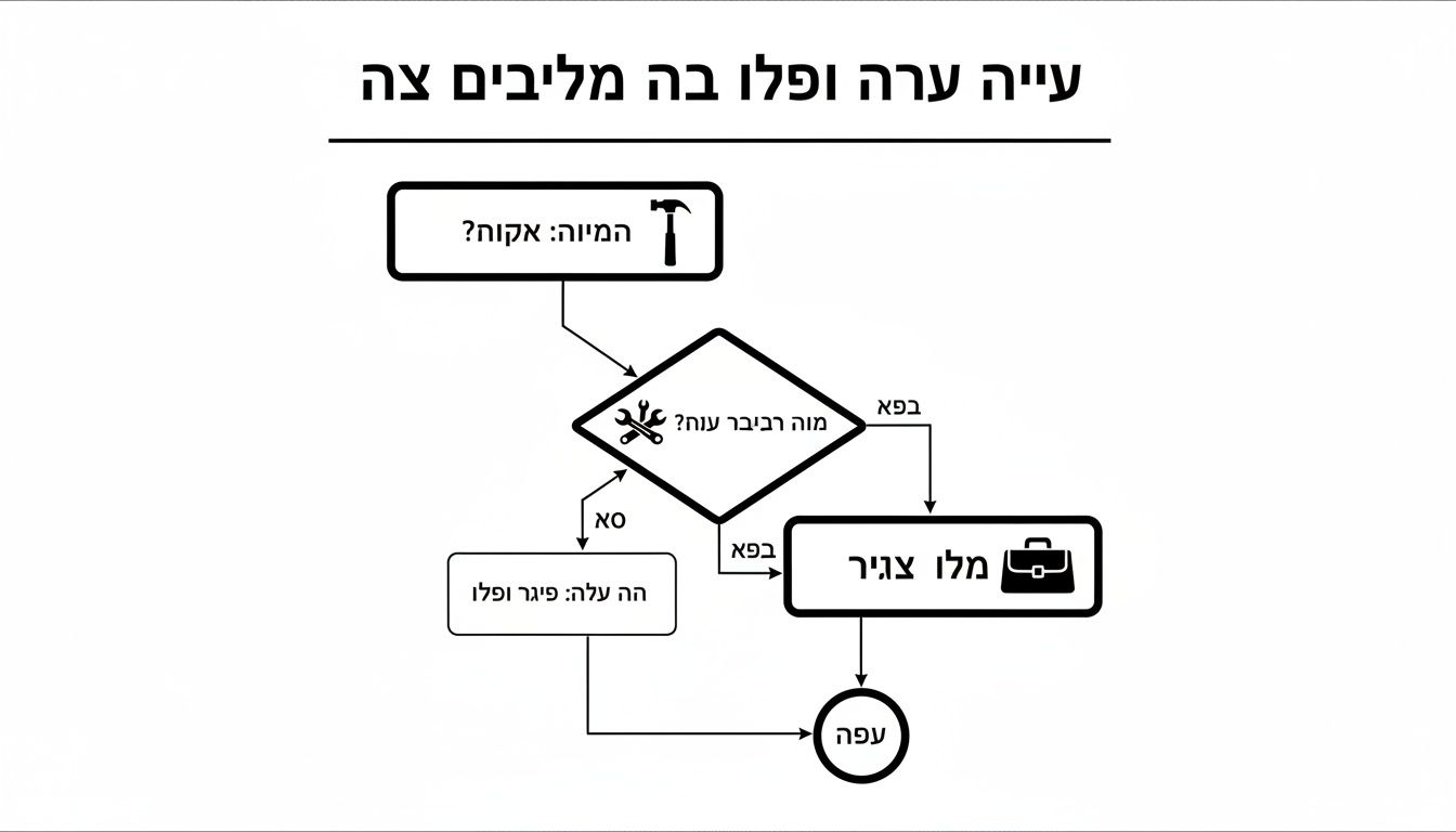 תרשים זרימה המתאר תהליך קבלת החלטות עם סמלים של כלים ותיק עבודה.
