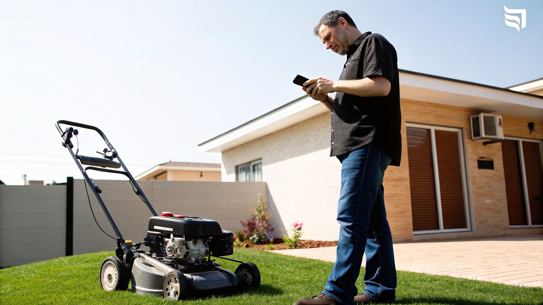 גבר עומד בחצר ליד מכסחת דשא, בוחן את הטלפון שלו ביום שמש בהיר.