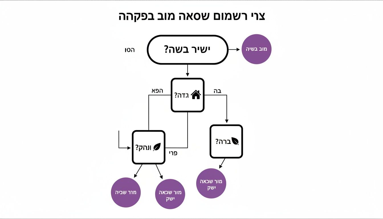 תרשים זרימה בעברית המתאר תהליך קבלת החלטות עם שלבים שונים ותוצאות סופיות.
