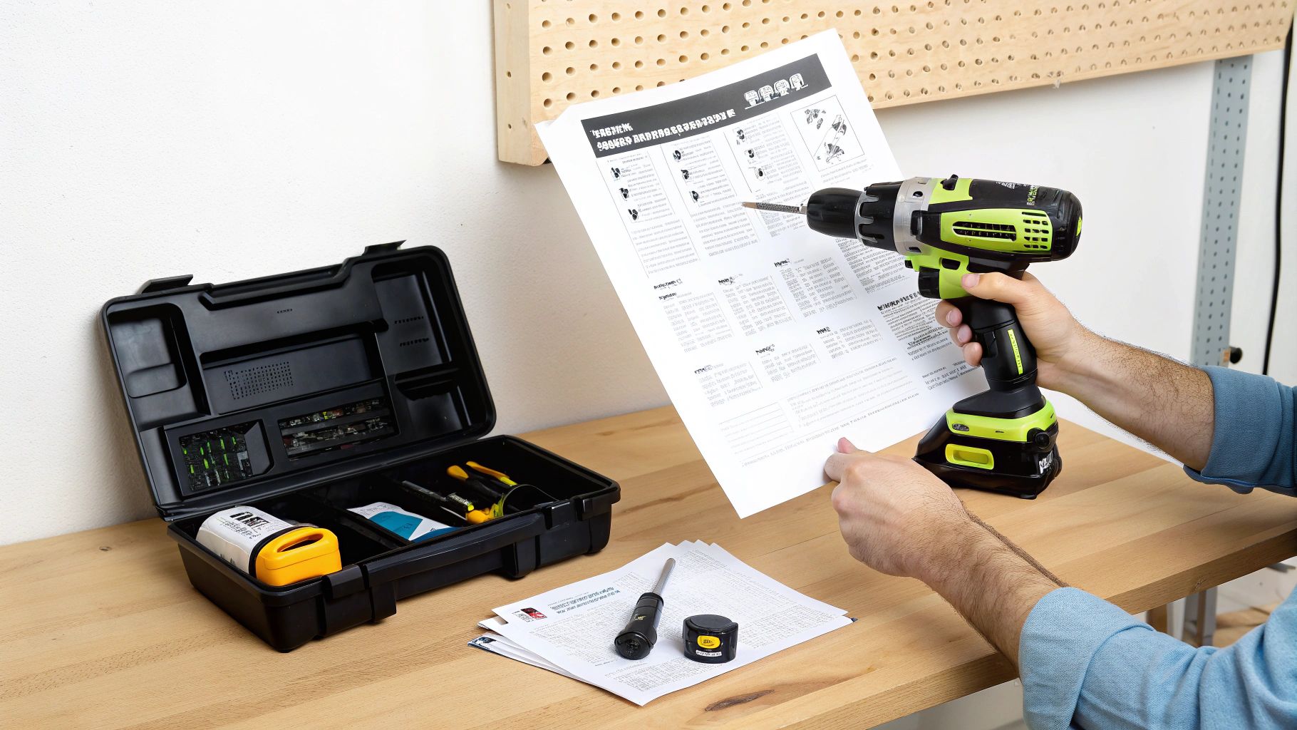 אדם מחזיק מקדחה אלחוטית ירוקה ושחורה וקורא הוראות שימוש, ליד ארגז כלים פתוח על שולחן עץ.
