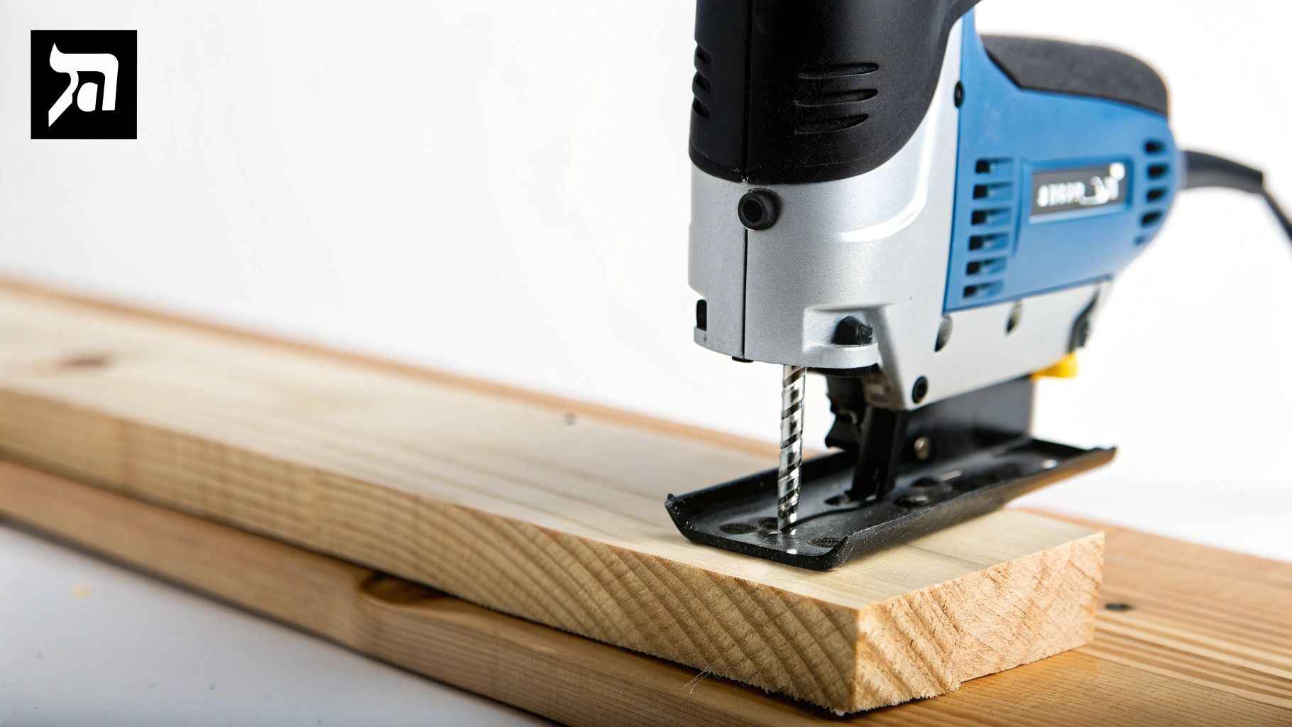 מסור חשמלי כחול-כסף מונח על לוח עץ בהיר, מוכן לחיתוך נגרות.